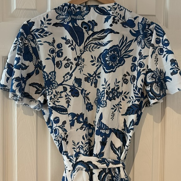 Boho Floral Print Short Sleeve Wrap V Neck Ruffle Hem A Line Dress - Picture 5 of 6